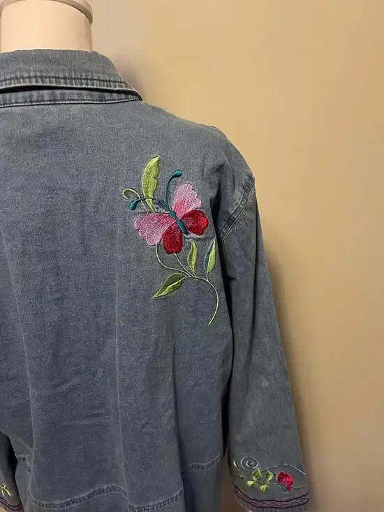 Denim Chore Jacket Teacher Chic Embroidery Jean Sz.L Cottage core - Picture 6 of 8